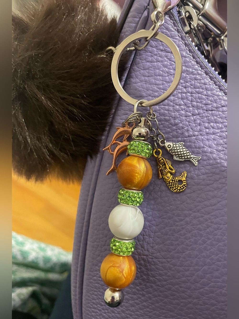 Beaded Keychain Charm in Brown & Green-HANDMADE